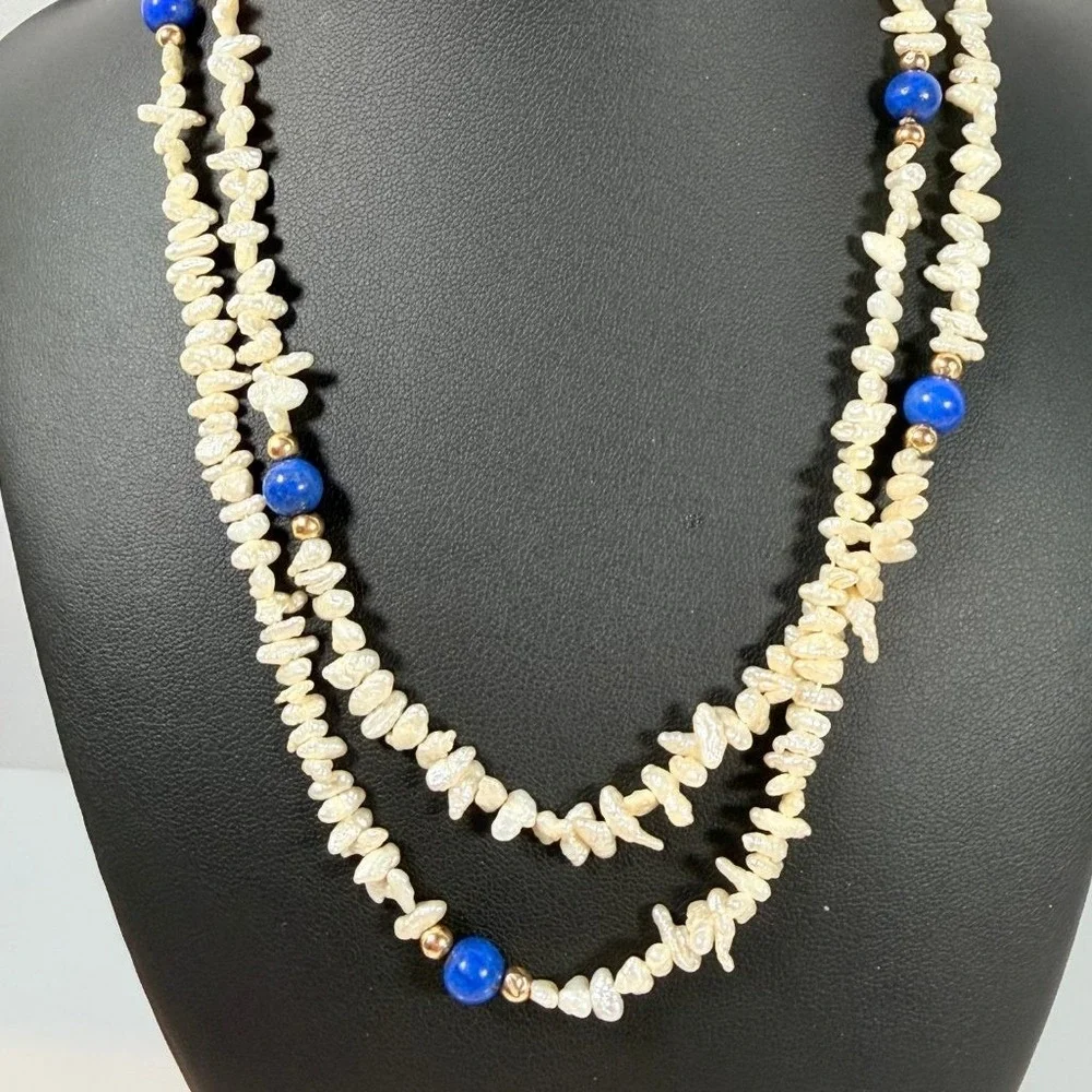 Vintage Rice Pearl Necklace Lapis Lazuli & 14K Gold Accent Beads 35